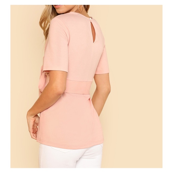 Blush Pink Short Sleeve Self Tie Blouse - Picture 3 of 5